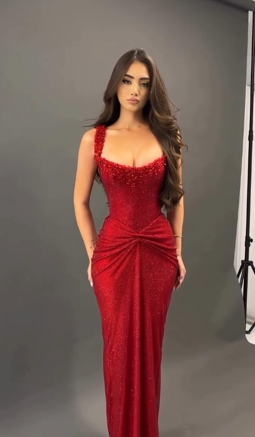 Sexy Burgundy Sheath Strap Beaded Sequin Long Prom Dress Wedding Guest Dress DP4078