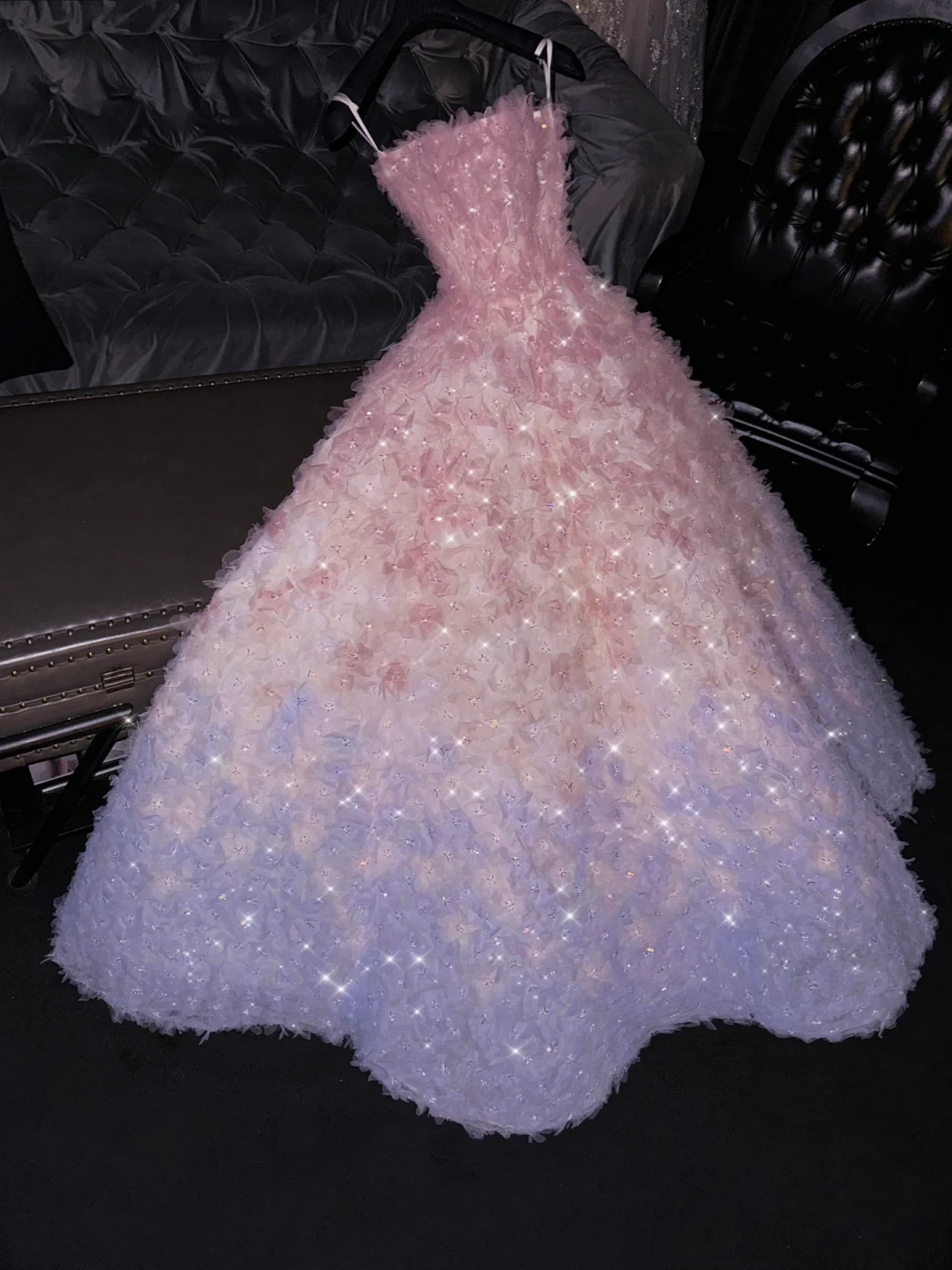 Purple Pink Ombre A Line Strapless 3D Flower Tulle Long Prom Dress Graduation Prom Dress DP1969