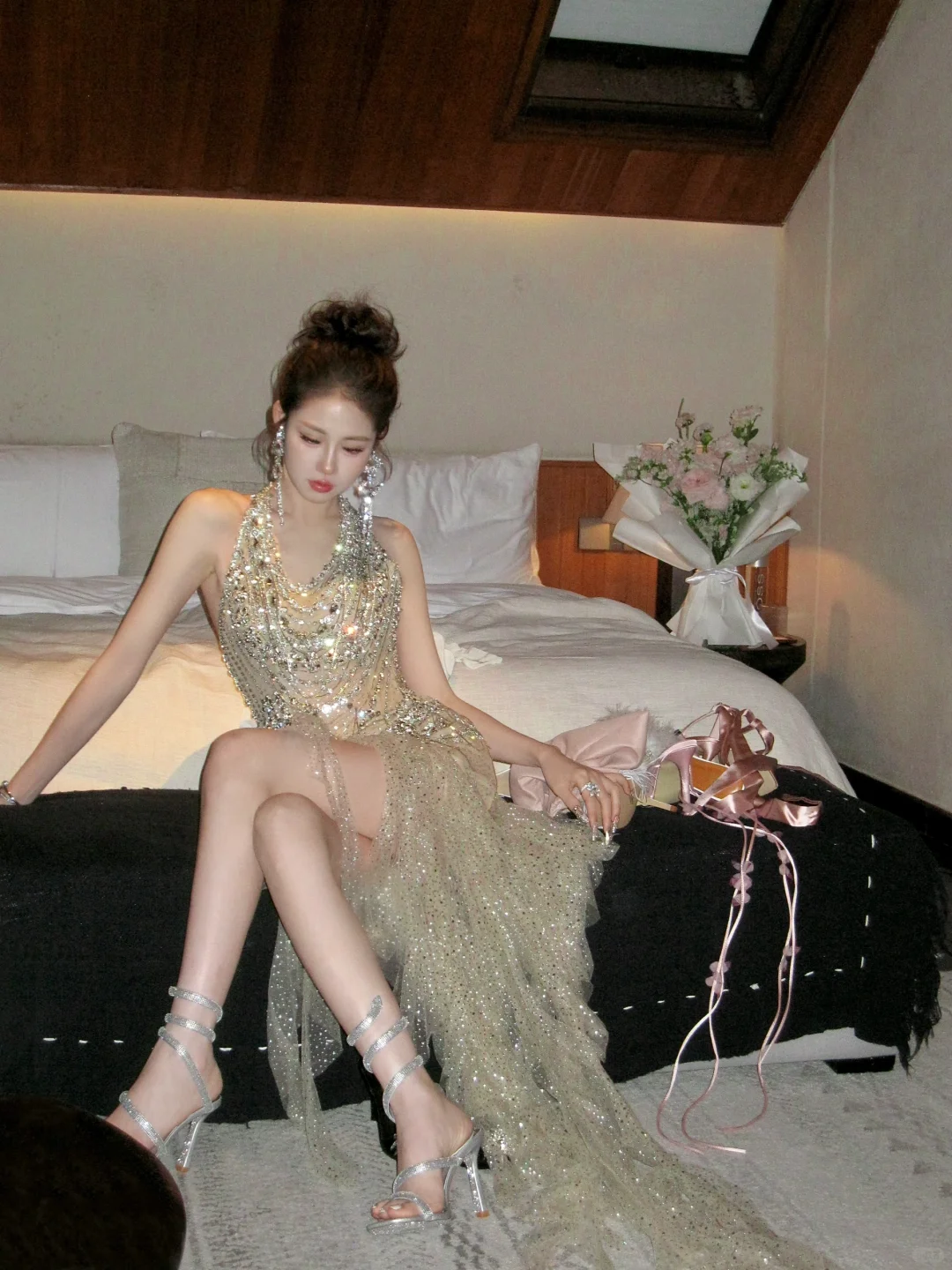 Gorgeous A Line Halter Champagne Sequin Tulle Long Party Dress Prom Dress DP2510