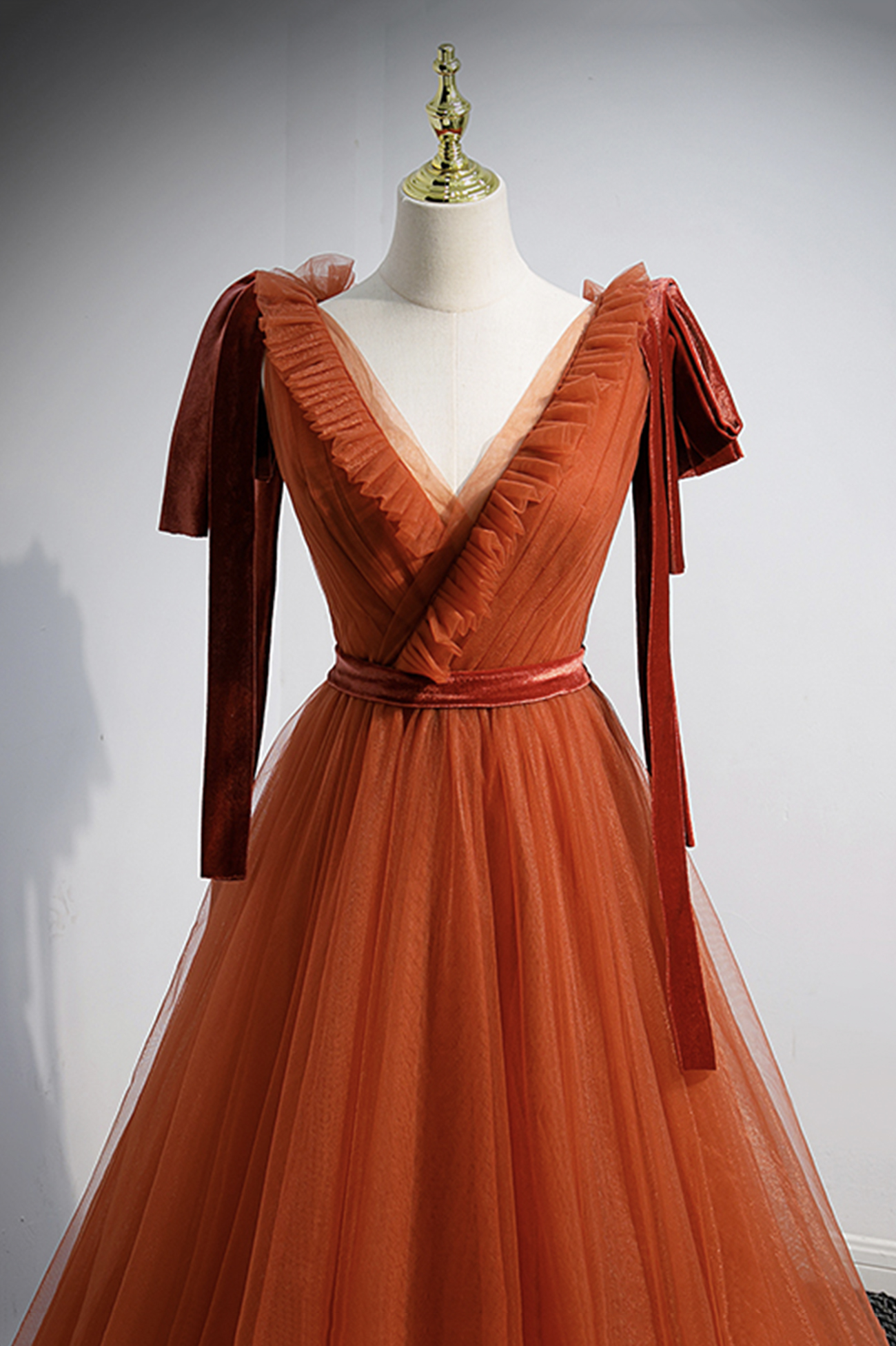Simple V Neck Tulle Long Prom Dress A Line Evening Dress DP455