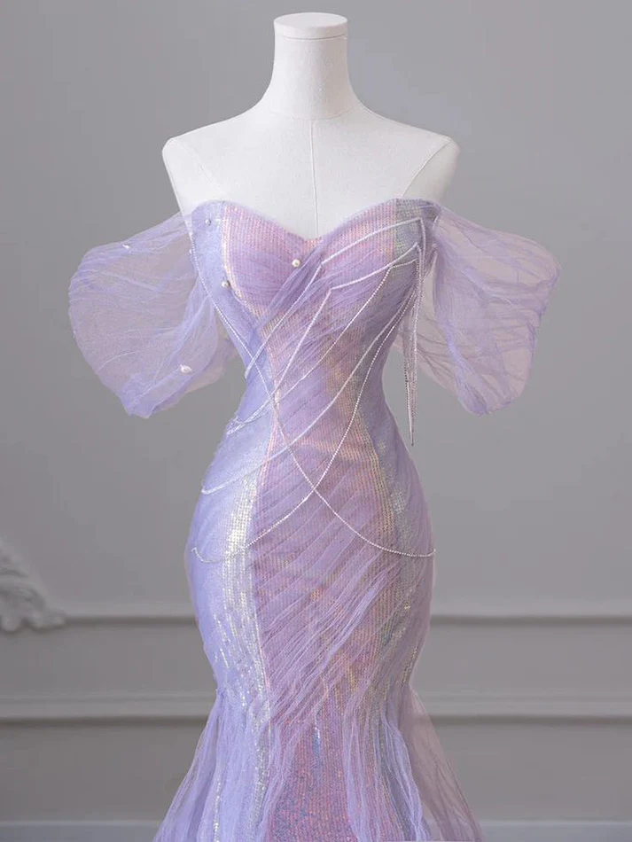 Dreamy Mermaid Off the Shoulder Beaded Purple Sequin Tulle Long Prom Dresses Evening Gowns Party Dres DP3049