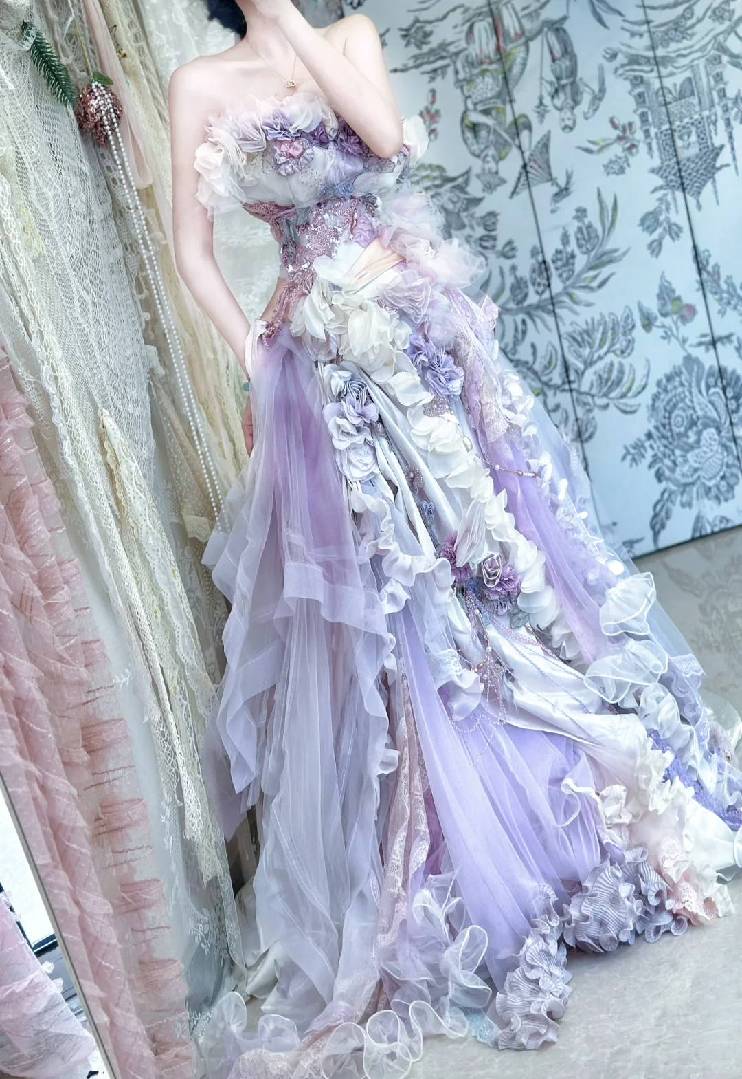 Purple Ball Gown Strapless Exquisite Floral Tulle Prom Dress 18th Birthday Dress DP4146
