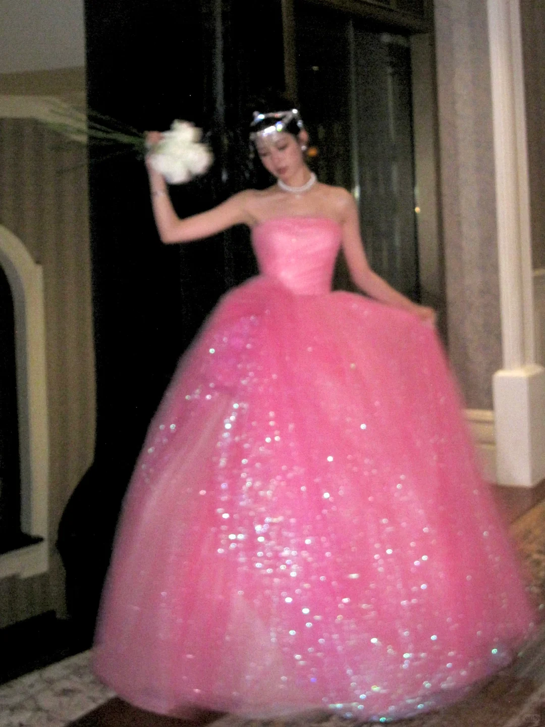 Pink Ball Gown Strapless Floral Sequin Pink Tulle Long Party Dress Evening Dress DP2417