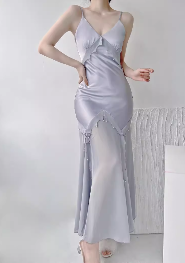 Gentle Mermaid Spaghetti Strap Pearl Chiffon Satin Prom Dress Evening Dress Party Dress DP3583