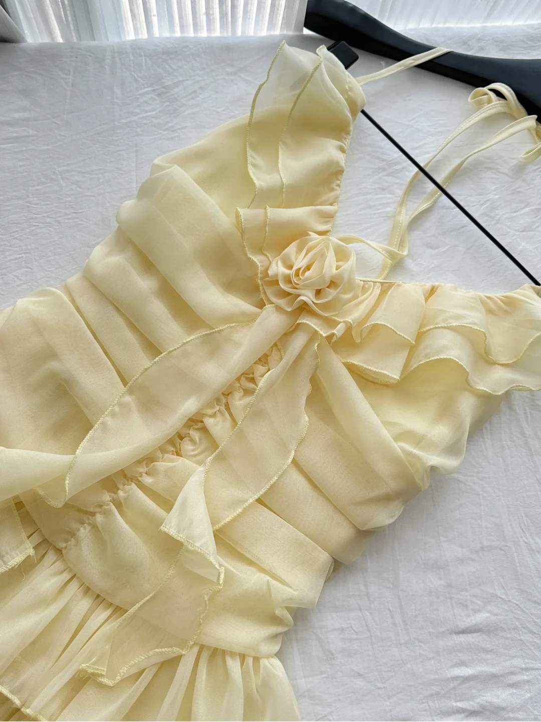Cute A Line Halter Ruffle Flower Yellow Chiffon Short Homecoming Dress Cocktail Dress DP2568