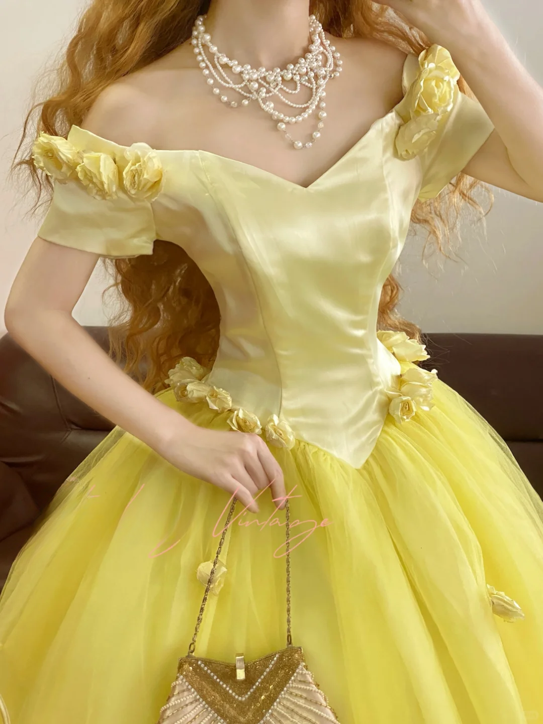 Vintage Ball Gown Off the Shoulder Floral Yellow Satin Tulle Prom Dress 22 Birthday Dress DP4073