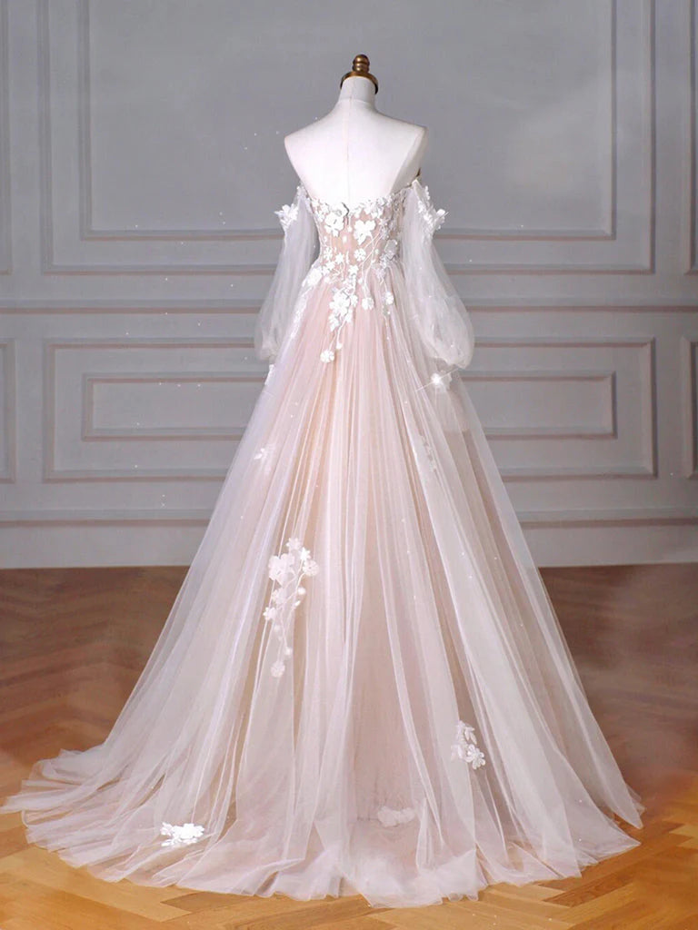 A Line Sweetheart Neck Long Sleeve Lace Tulle Light Champagne Long Prom Dress DP943