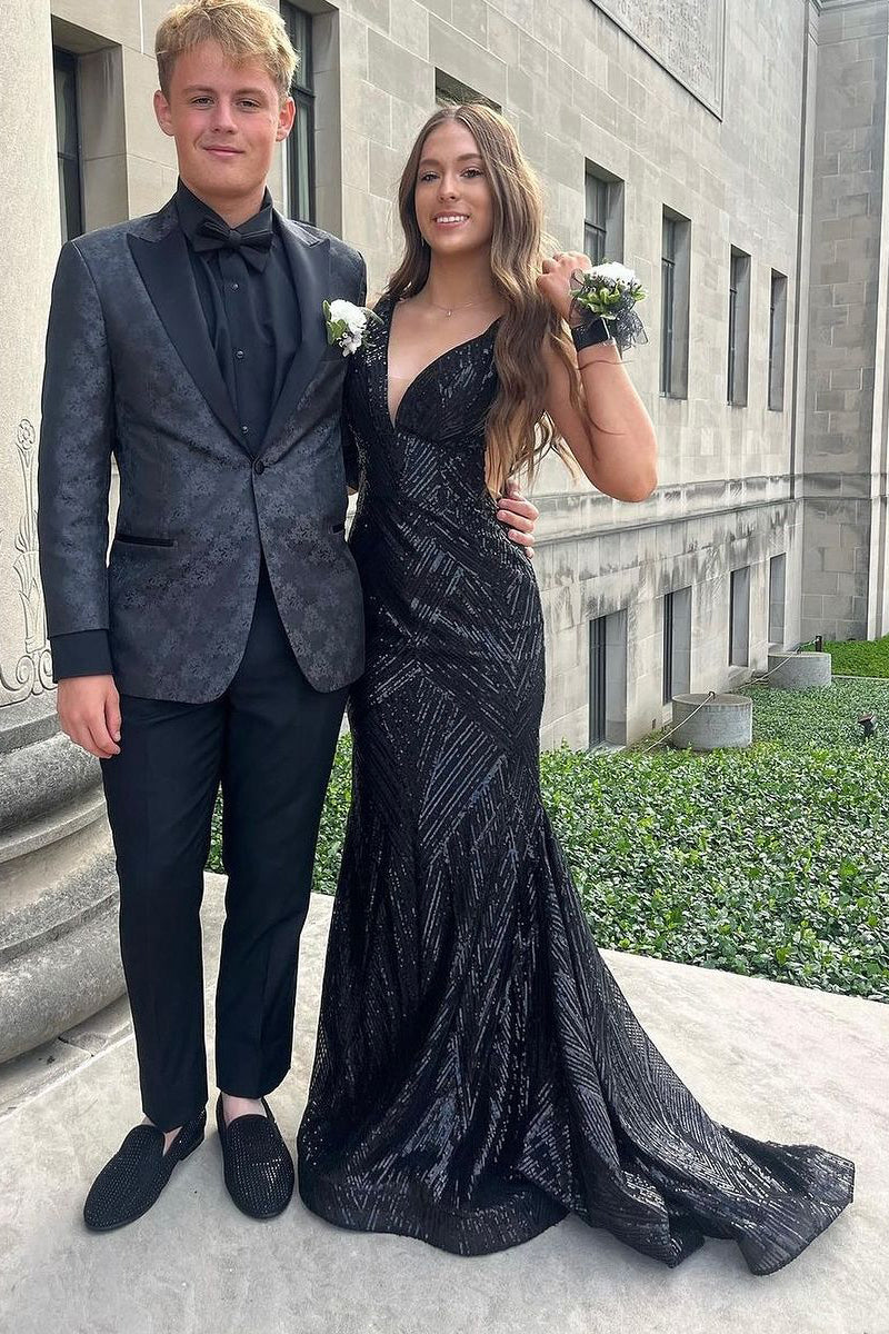 Mermaid V Neck Sequins Sweep Train Long Prom Dresses DP1048