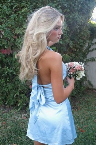 Cute A Line Halter Neck Light Blue Short Homecoming Dress with Open Back DP7286