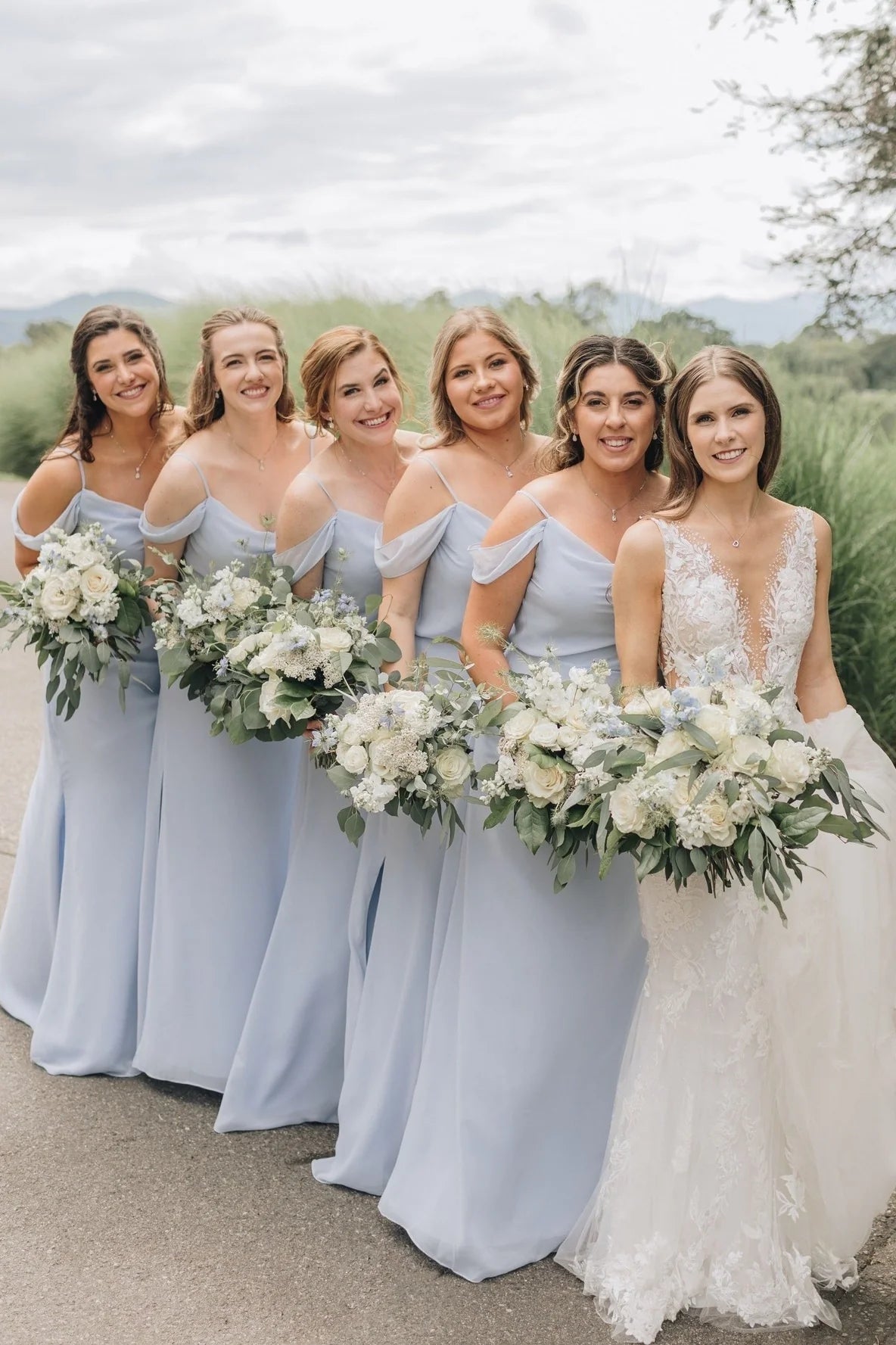 Cold Shoulder Dusty Blue Bridesmaid Dress with Slit DP5848