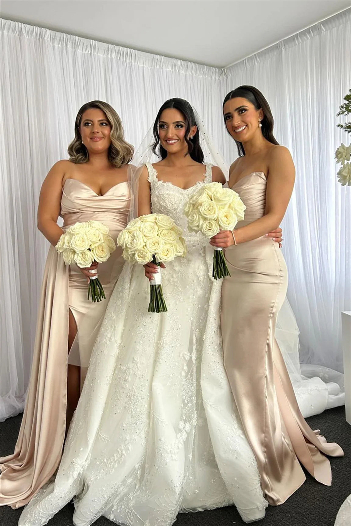 Cowl Neck Champagne Bridesmaid Dress with Slit DP5849