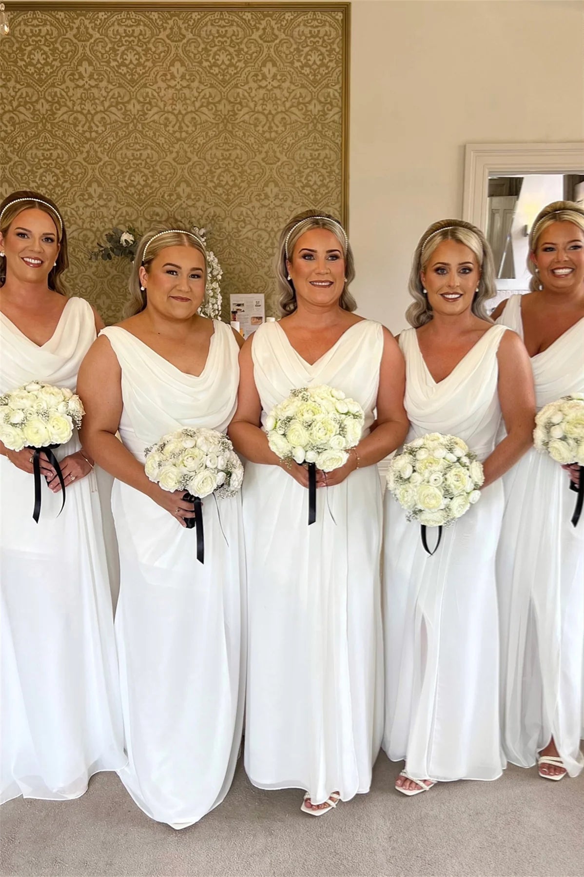 Cowl Neck White Bridesmaid Dress with Slit DP5851