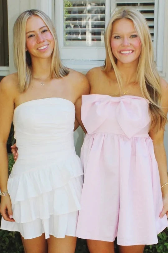 Cute A Line Strapless Light Pink Satin Short Homecoming Dress with Bowknot DP7206