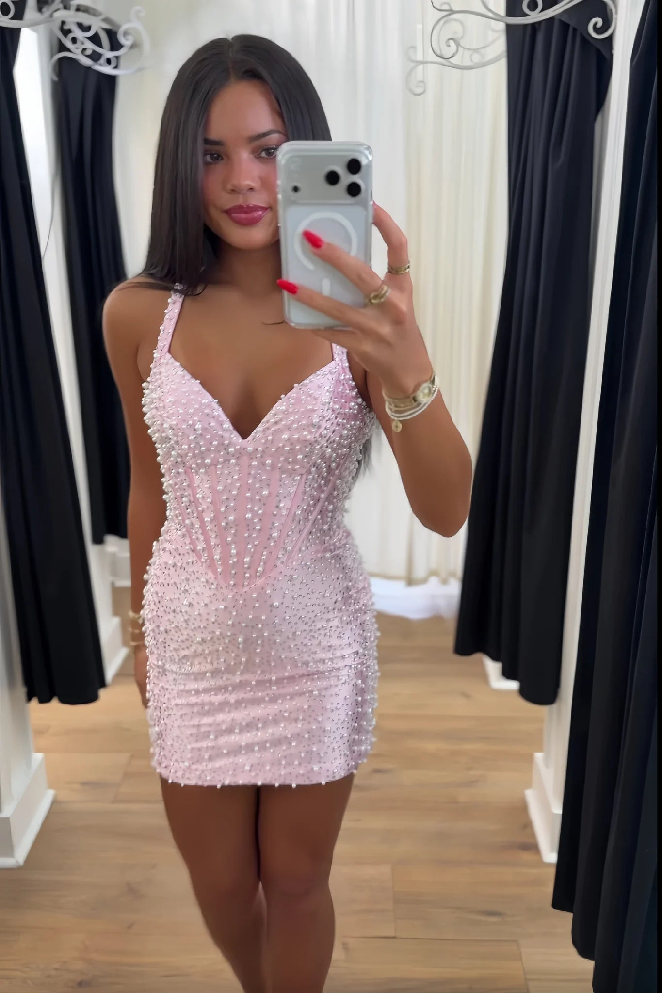 Cute Sheath Sweetheart Pink Corset Homecoming Dress with Pearls DP7080