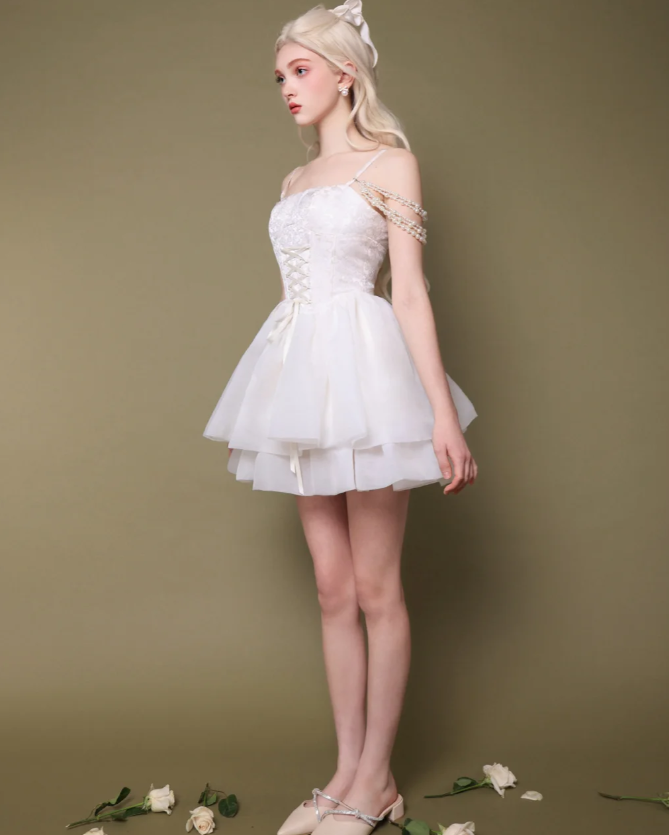 Fairy A Line Straps White Pearl Organza Satin Short Homecoming Dress Cocktail Dress DP2635
