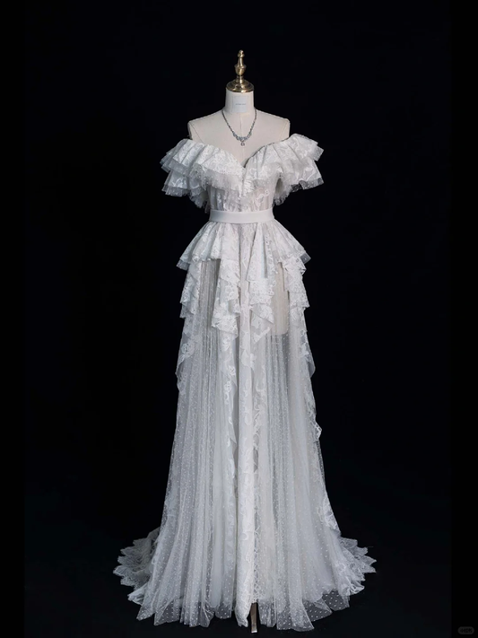 New A Line Off the Shoulder White Lace Long Party Dress Evening Dress DP2426