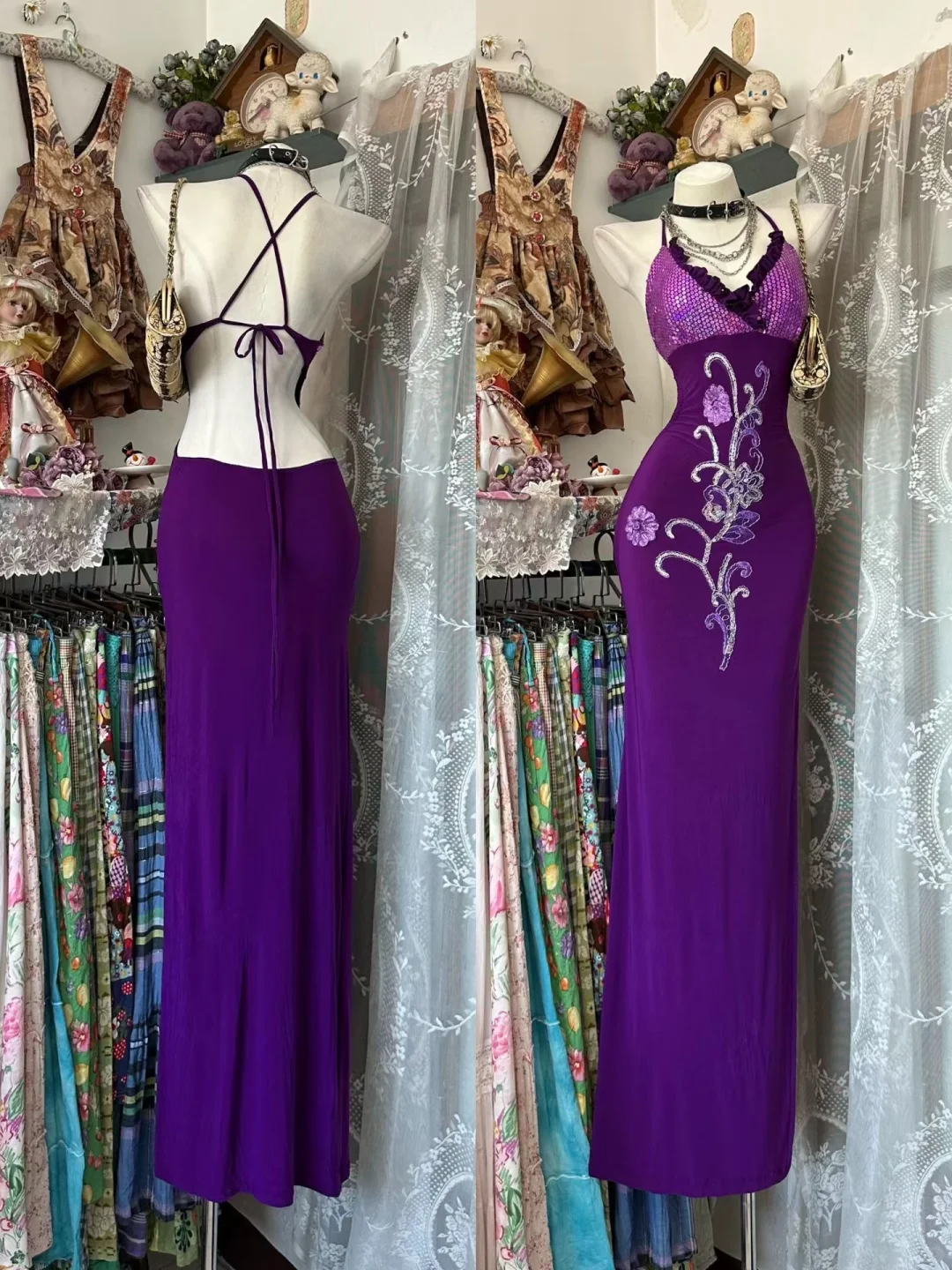 Vintage Sexy Sheath Halter Sequin Satin Backless Prom Dress Evening Party Dress DP5626