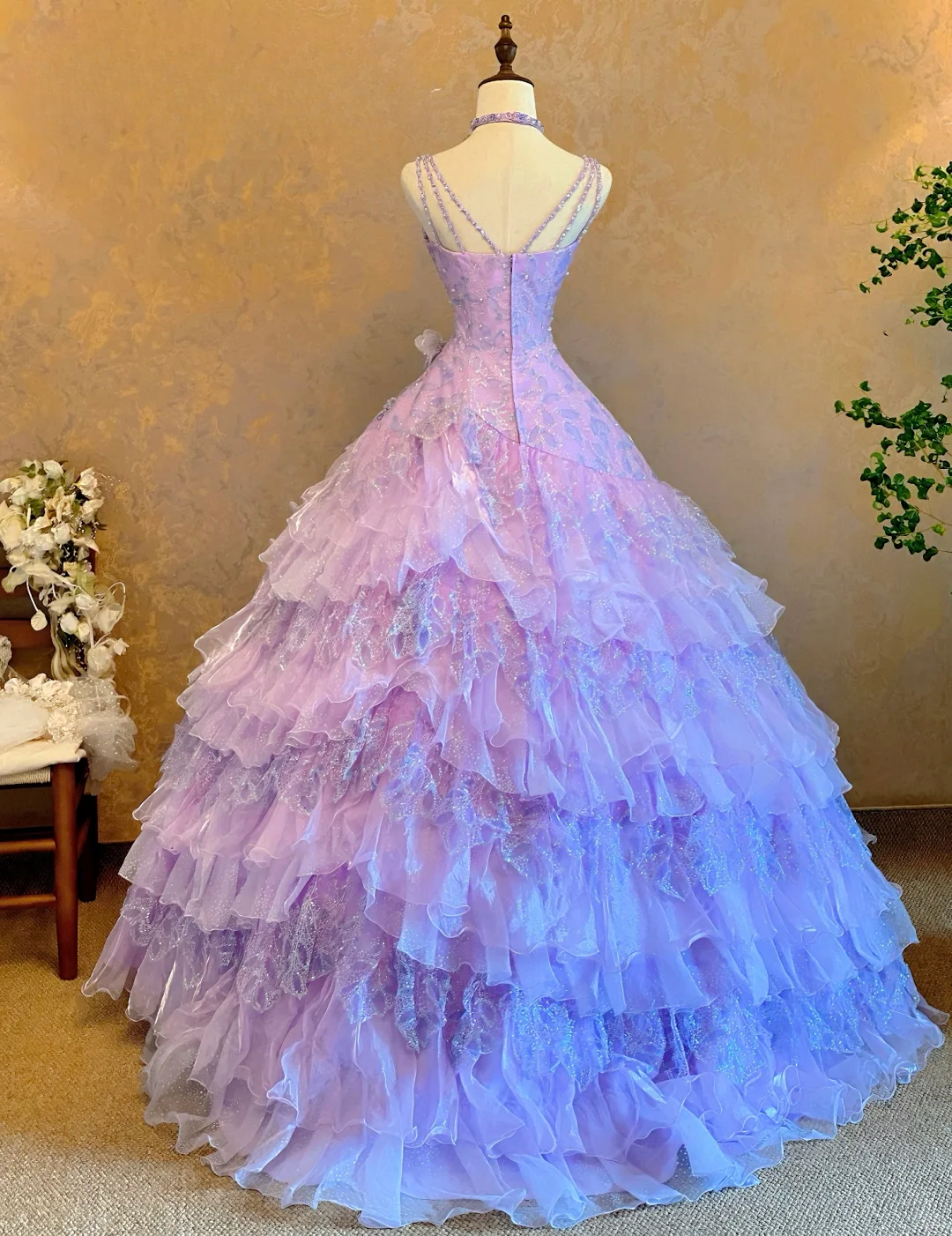 Purple Ball Gown Strap Exquisite Beaded Layered Organza Prom Dress 22 Birthday Dress DP4071