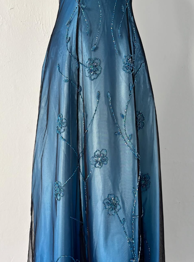 Vintage A Line Halter Beaded Blue Ombre Satin Chiffon Open Back Long Prom Dress Graduation Prom Dress DP2249