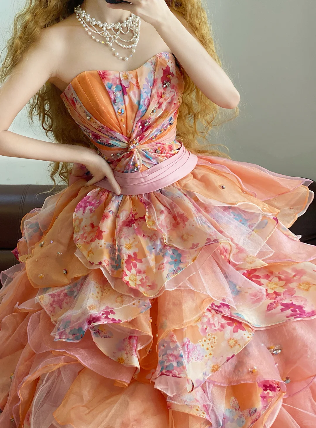 Pretty Ball Gown Strapless Beaded Print Floral Organza 16th Birthday Dress Quinceanera Dress DP4096