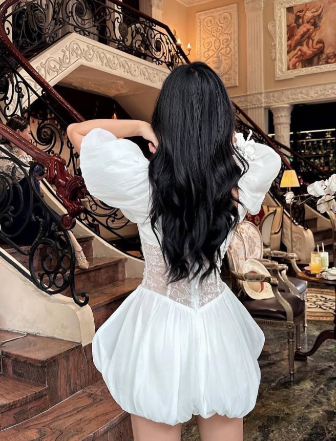 Cute Puff White Lace Satin Short Homecoming Dress Date Dress DP2956