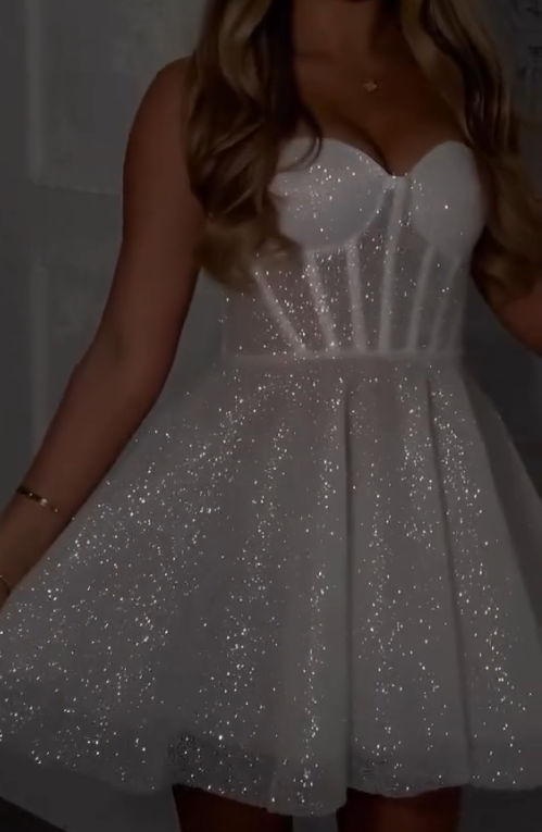 White A Line Sweetheart Neck Corset Sequin Tulle Short Homecoming Dress Party Dress DP4085