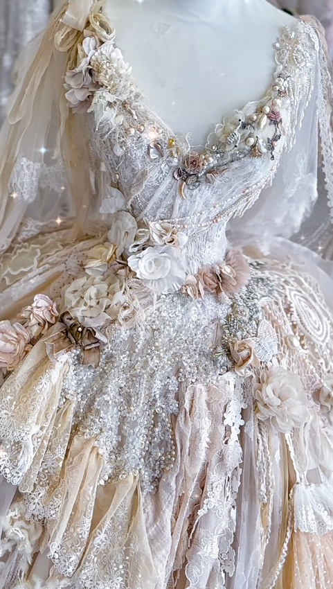 Exquisite Light Apricot Ball Gown V Neck Floral Lace Tulle Prom Dress 18th Birthday Dress DP4147