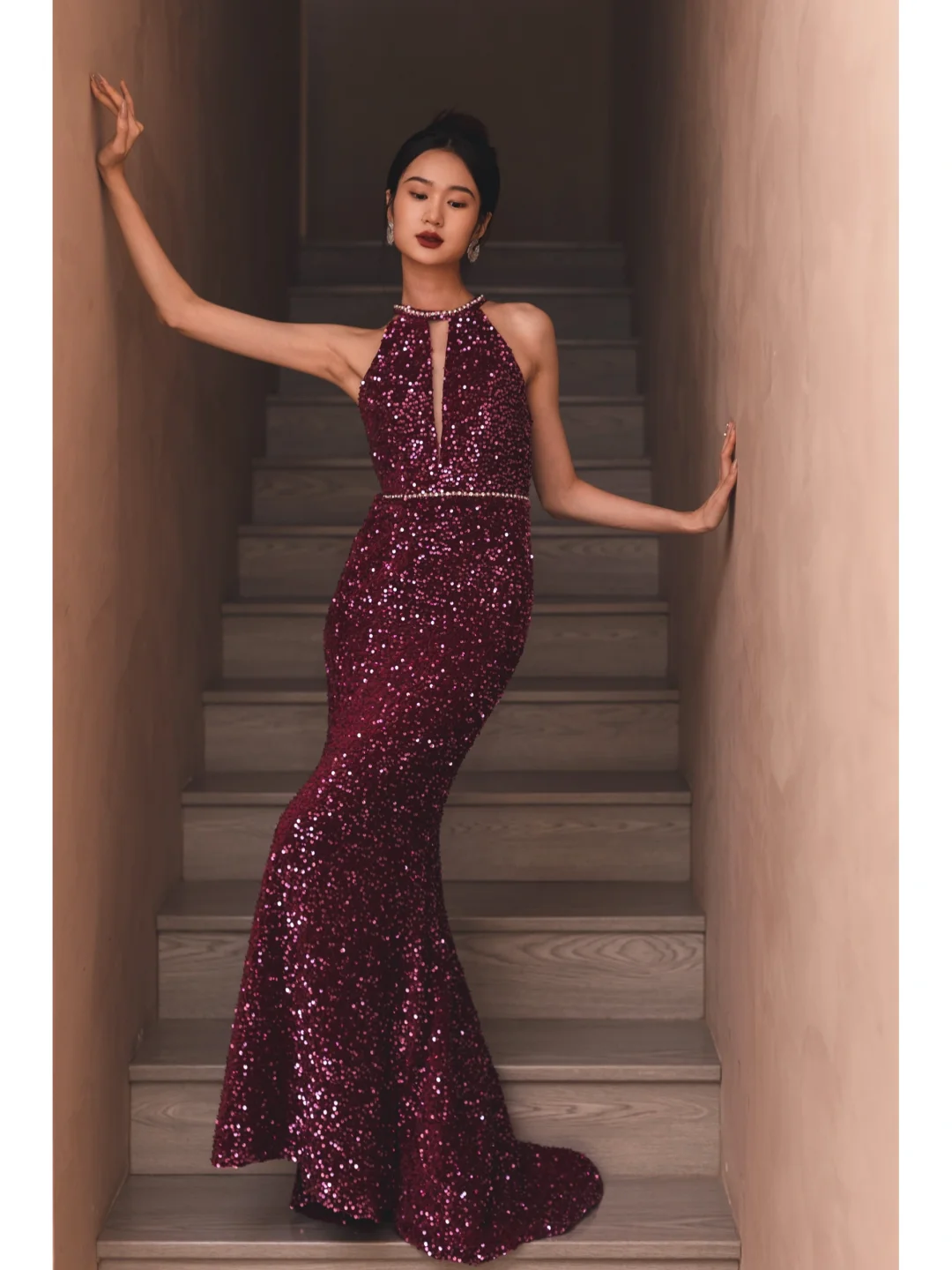 Sexy Purple Mermaid Halter Sequin Open Back Long Prom Dress Formal Dress DP3335