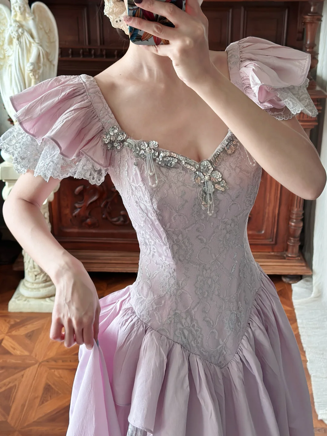 Dreamy Purple A Line Beaded Lace Satin Prom Dress Party Evening Dress DP5329