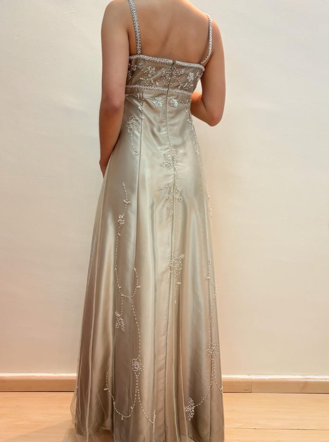 Vintage A Line Spaghetti Strap Beaded Chiffon Satin Long Prom Dress Evening Dress DP1682