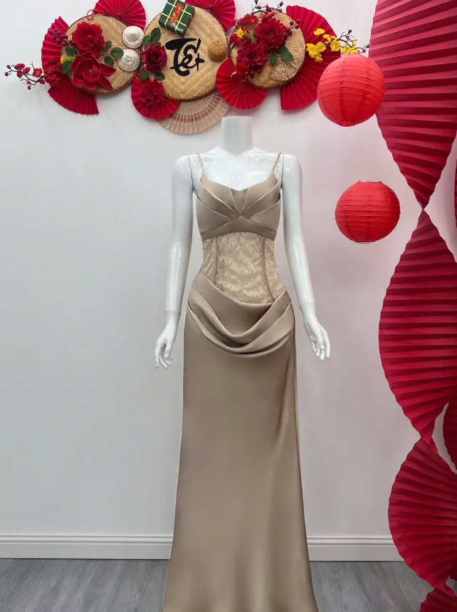 Elegant Sheath Spaghetti Straps Lace Satin Long Prom Dress Evening Dress DP1555