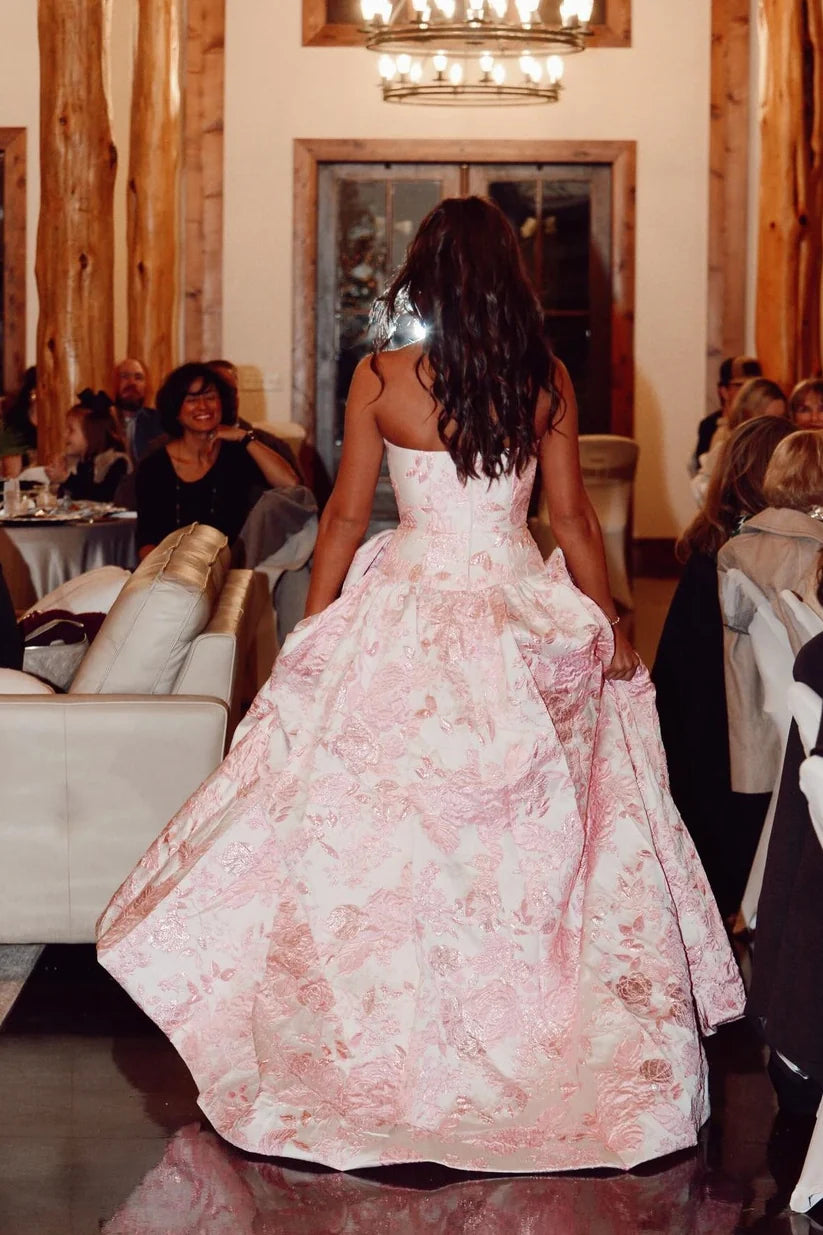 Sweety Pink Print A Line Strapless Bow Knot Satin Evening Dress Prom Dress DP7656