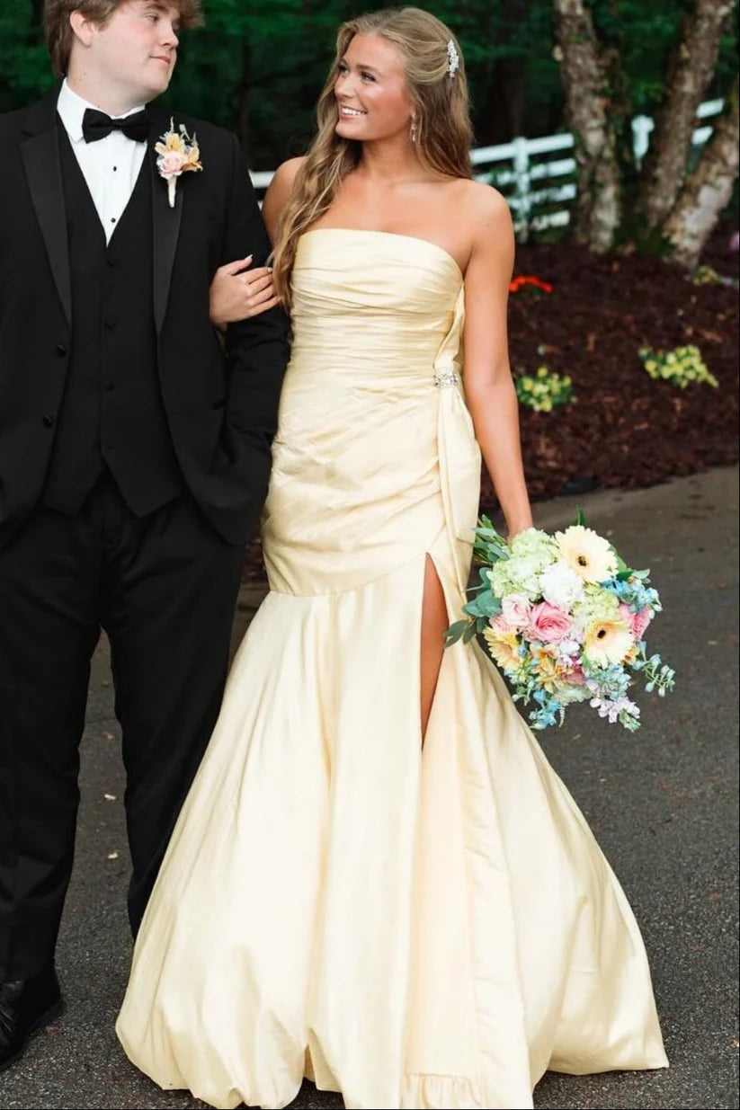 Tube Top Off-Shoulder Sleeveless Satin Pleated Trumpet Mermaid Formal Prom Dress with Slit DP7622