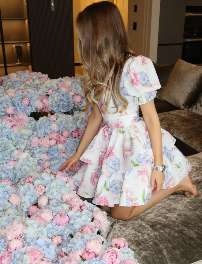 Blue Pink Print Floral A Line Puff V Neck Chiffon Short Homecoming Dress Outfits DP3031