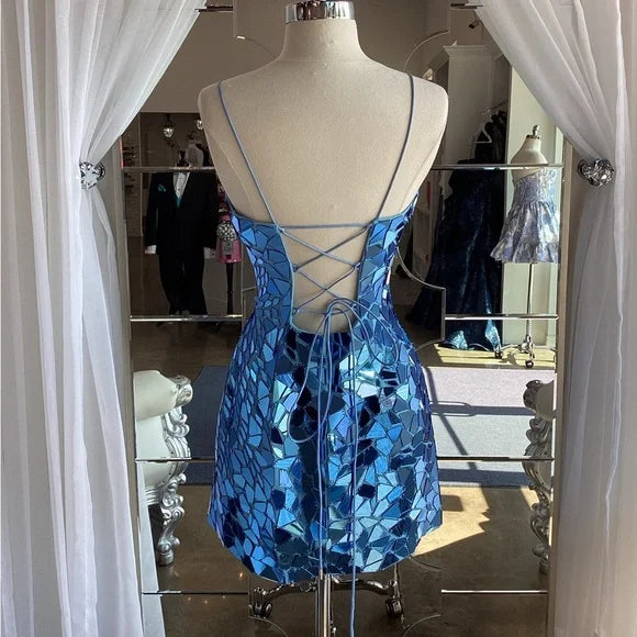 Royal Blue Sheath Spaghetti Straps Sequin Tight Mini Formal Homecoming Dress Short Cocktail Outfits Graduation Dress DP2940