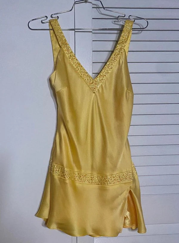 Yellow A Line V Neck Satin Yellow Short Beads Formal Homecoming Dresses Short Dresses Party Graduation Dress Hoco Dresses DP3356
