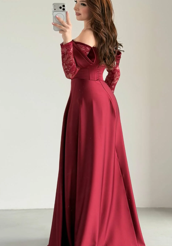 Elegant Burgundy A Line Long Sleeve Lace Satin Prom Dress Evening Dress DP5631