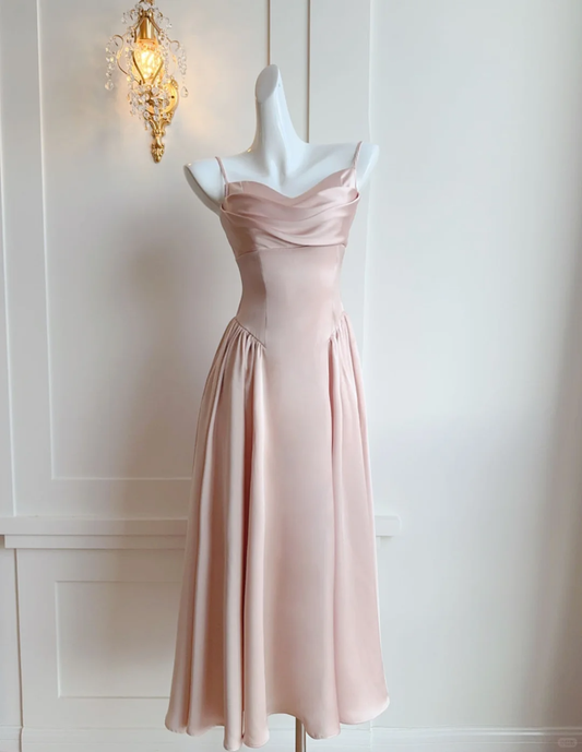 Gentle A Line Spaghetti Strap Pink Satin Prom Dresses Outfits DP4193