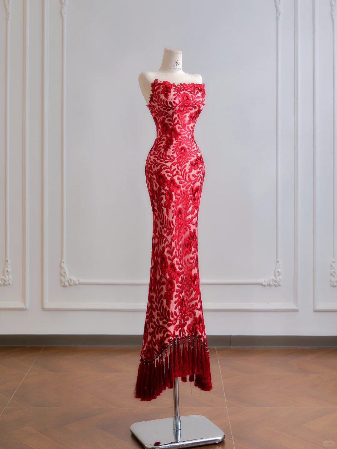 Charming Burgundy Mermaid Strapless Lace Prom Dress Wedding Guest Dress DP3876
