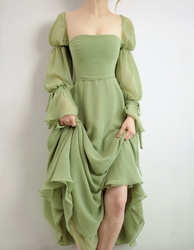 Princess Green A Line Long Sleeve Chiffon Long Prom Dress Evening Dress DP2801