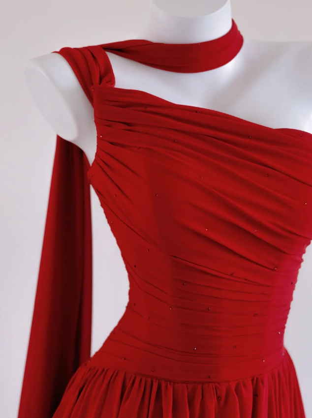 Romantic A Line One Shoulder Red Chiffon Prom Dress Graduation Prom Dress DP1999