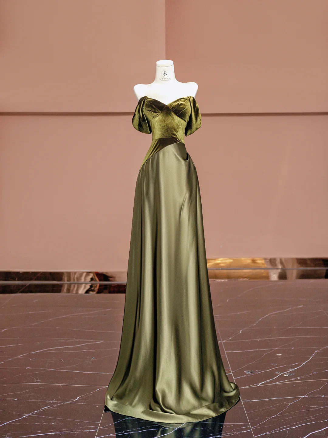 Olive Green Ball Gown Off the Shoulder Velvet Satin Prom Dress Wedding Guest Dress DP3878