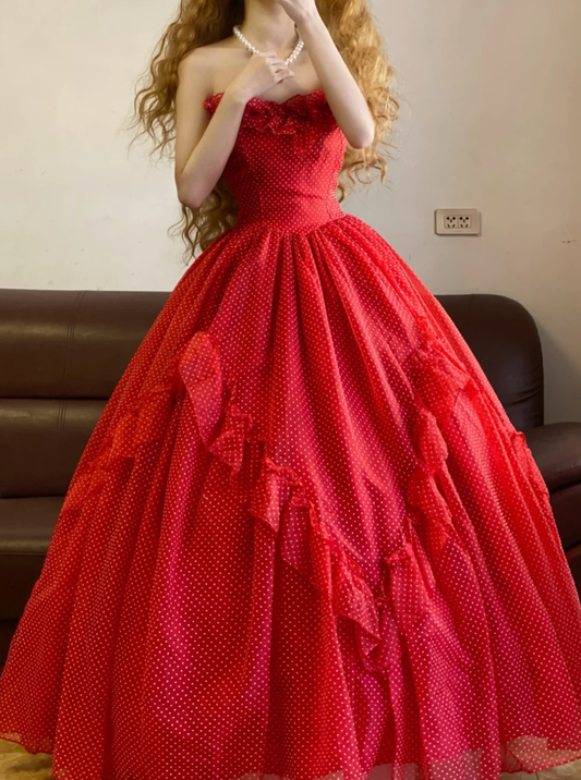 Red Ball Gown Sweetheart Neck Polka Dot Chiffon 16th Birthday Dress Quinceanera Dress DP4098
