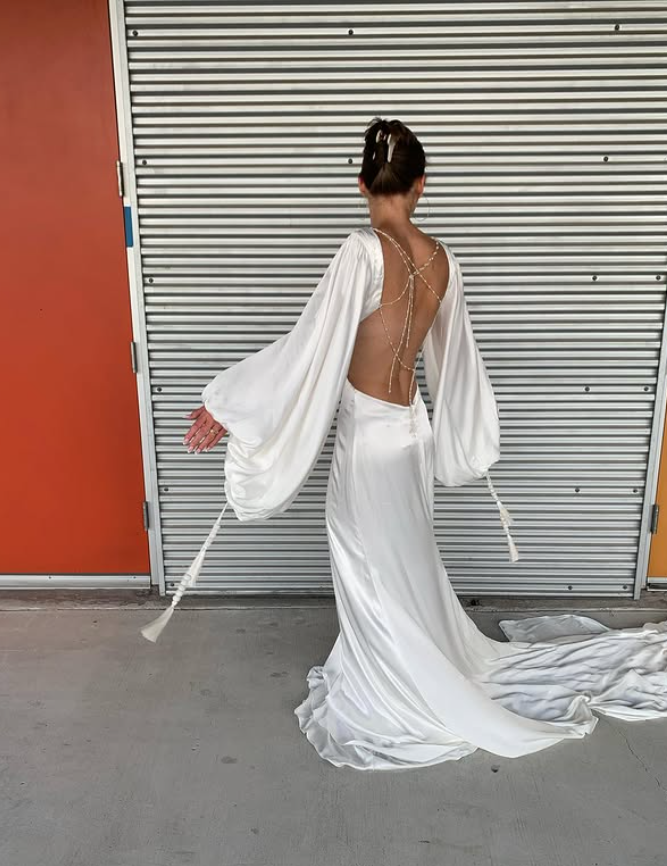 Mermaid Long Sleeve V Neck Satin Open Back Long Sweep Wedding Dress DP3658
