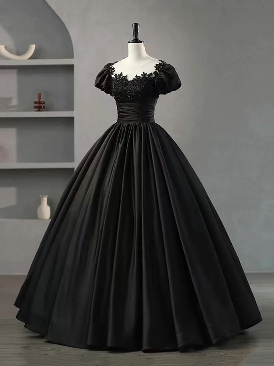 Black Scoop Neckline Satin Lace Beaded Long Prom Dress Party Dress Ball Gown DP397
