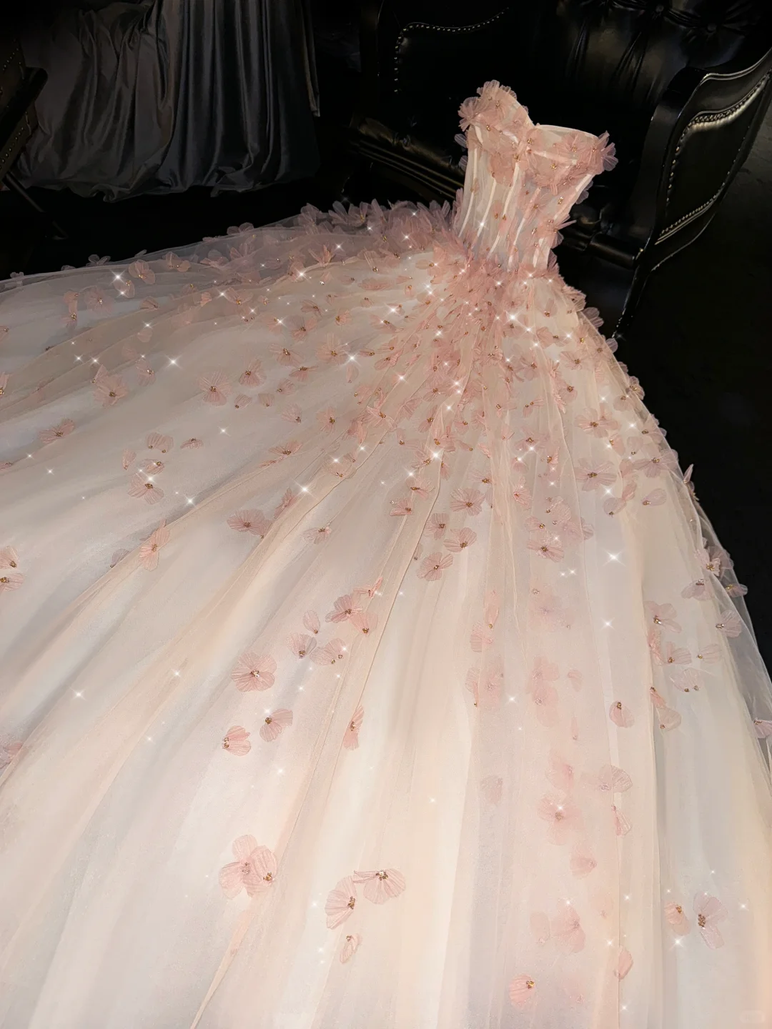 Romantic A Line Sweetheart Neck Floral Beaded Pink Tulle Prom Dress Evening Dress DP2460