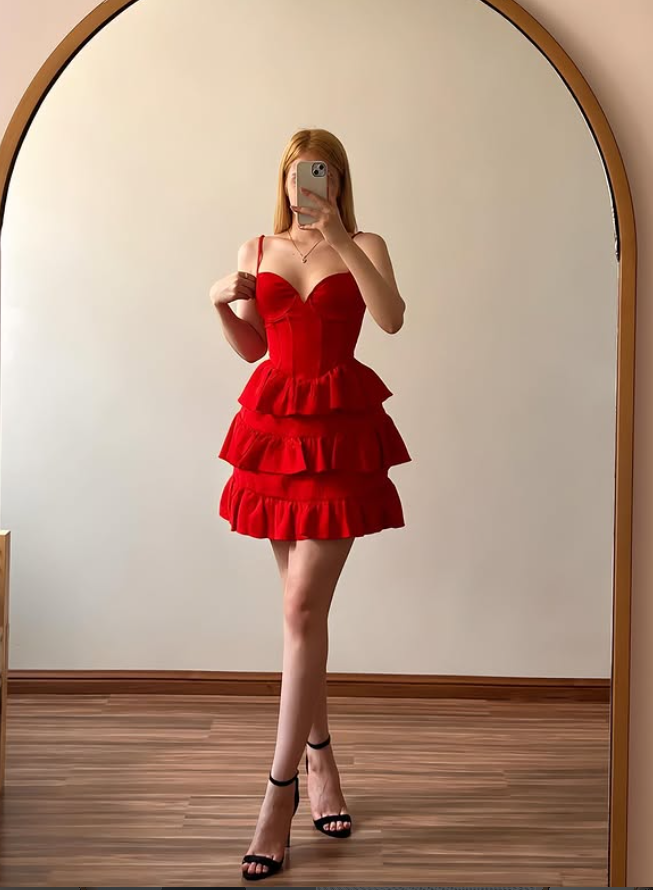 Charming Red A Line Spaghetti Strap Layered Satin Short Homecoming Dress Mini Dress DP6477