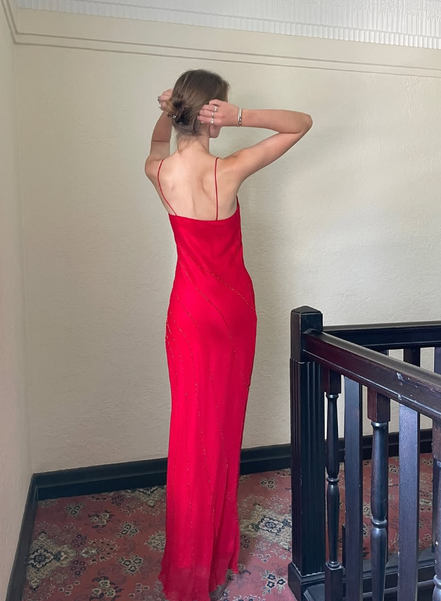 Elegant Sheath Spaghetti Strap Beaded Red Chiffon Long Prom Dress Graduation Prom Dress DP2201