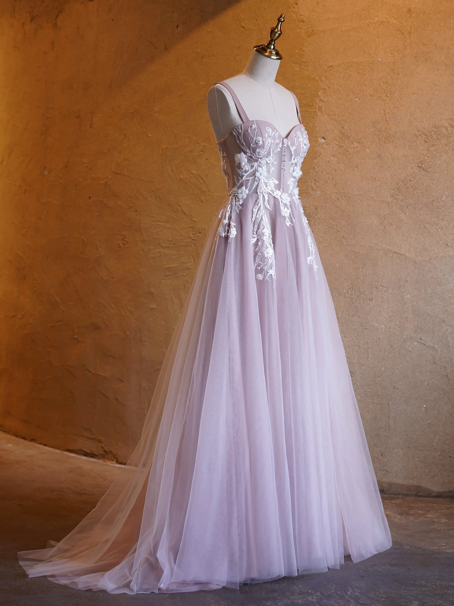 Lavender A Line Sweetheart Neck Tulle Sweep Train Prom Dress DP1068