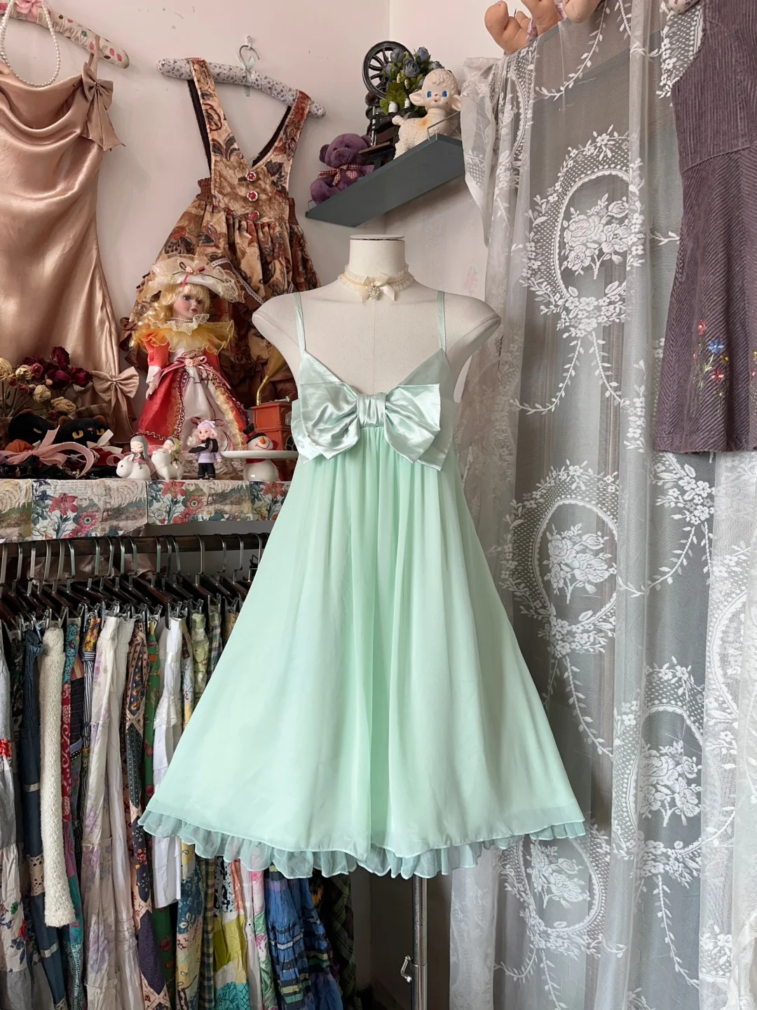 Mint Green Vintage A Line Straps Bow Chiffon Short Homecoming Dress Outfits DP5002